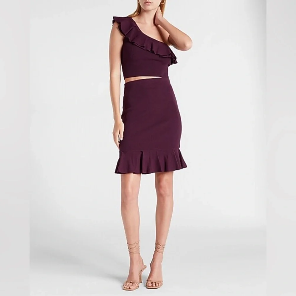 Express Body Contour Plum Ribbed Set of Crop One Shoulder Top and Ruffle Skirt